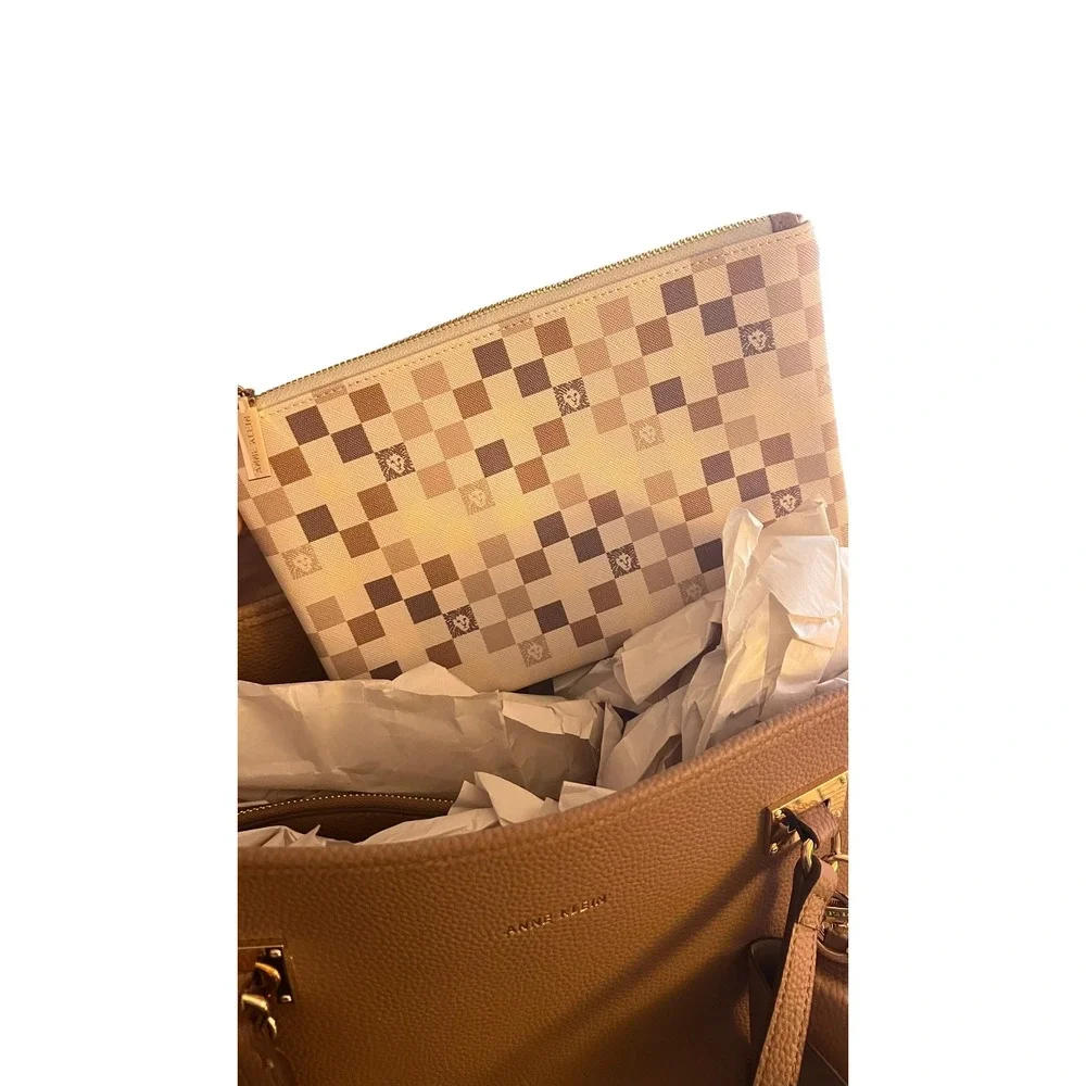 Anne Klein Tote Bag Large Tan Espresso Double Compartment NWT Luxury Work Bag